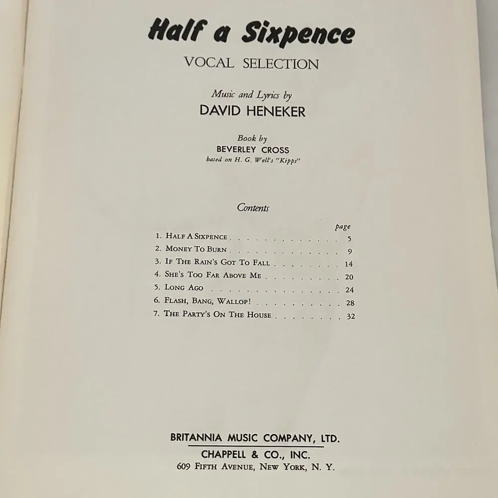 Half A Sixpence Vocal Selections Songbook Sheet Music Chappell Voice Piano Rare